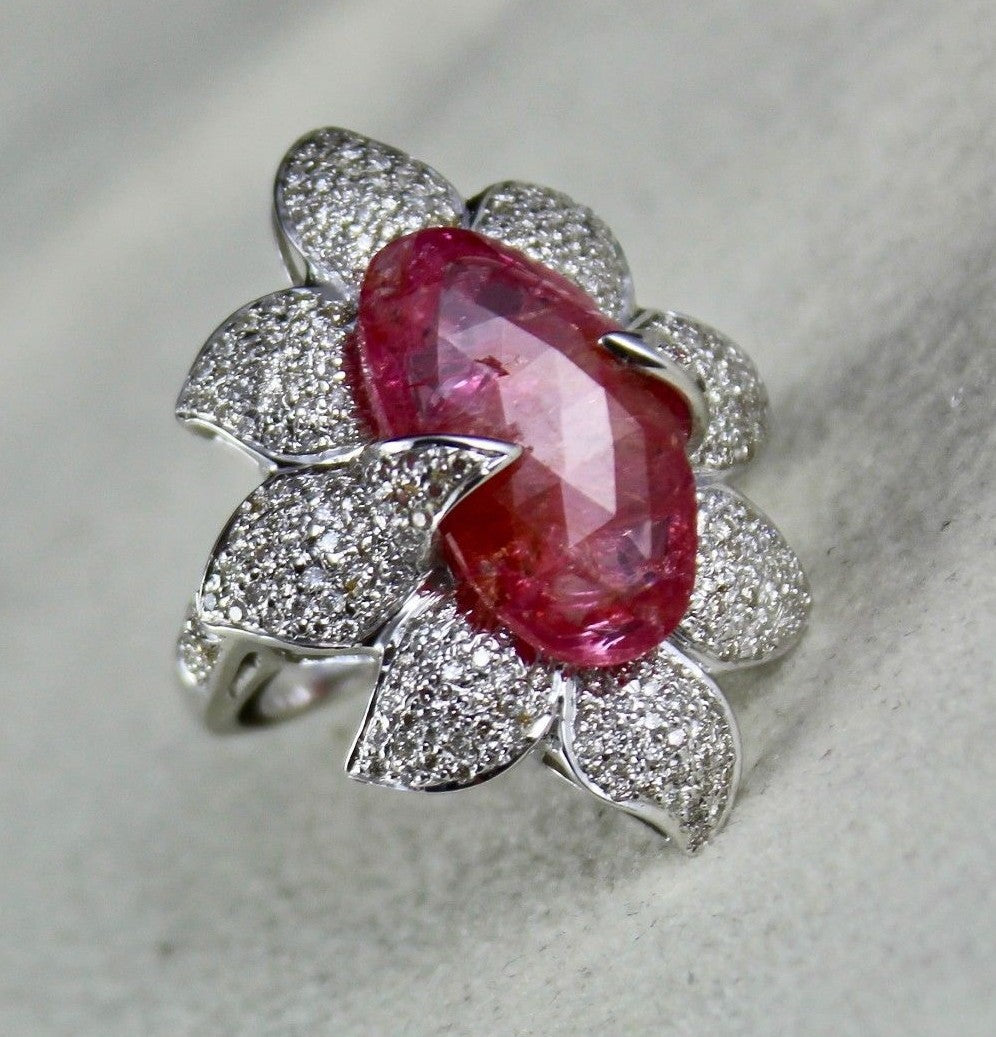 Natural Burma Ruby 12.11 Ct Cabochon Diamond Pavé Ring 18k White Gold For Women