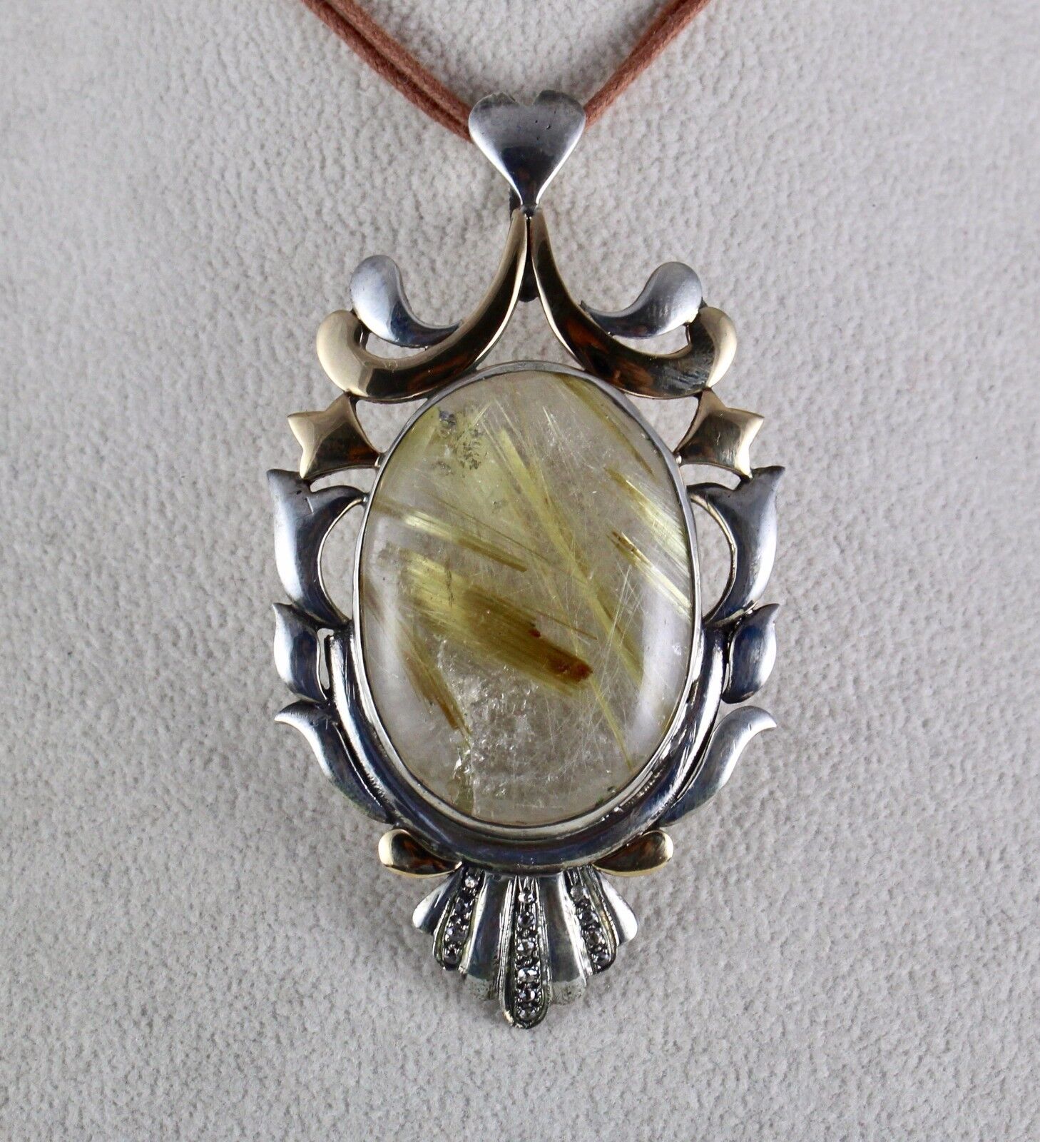 NATURAL RUTILE OVAL CABOCHON 18K GOLD DIAMOND 925 SILVER VICTORIAN PENDANT