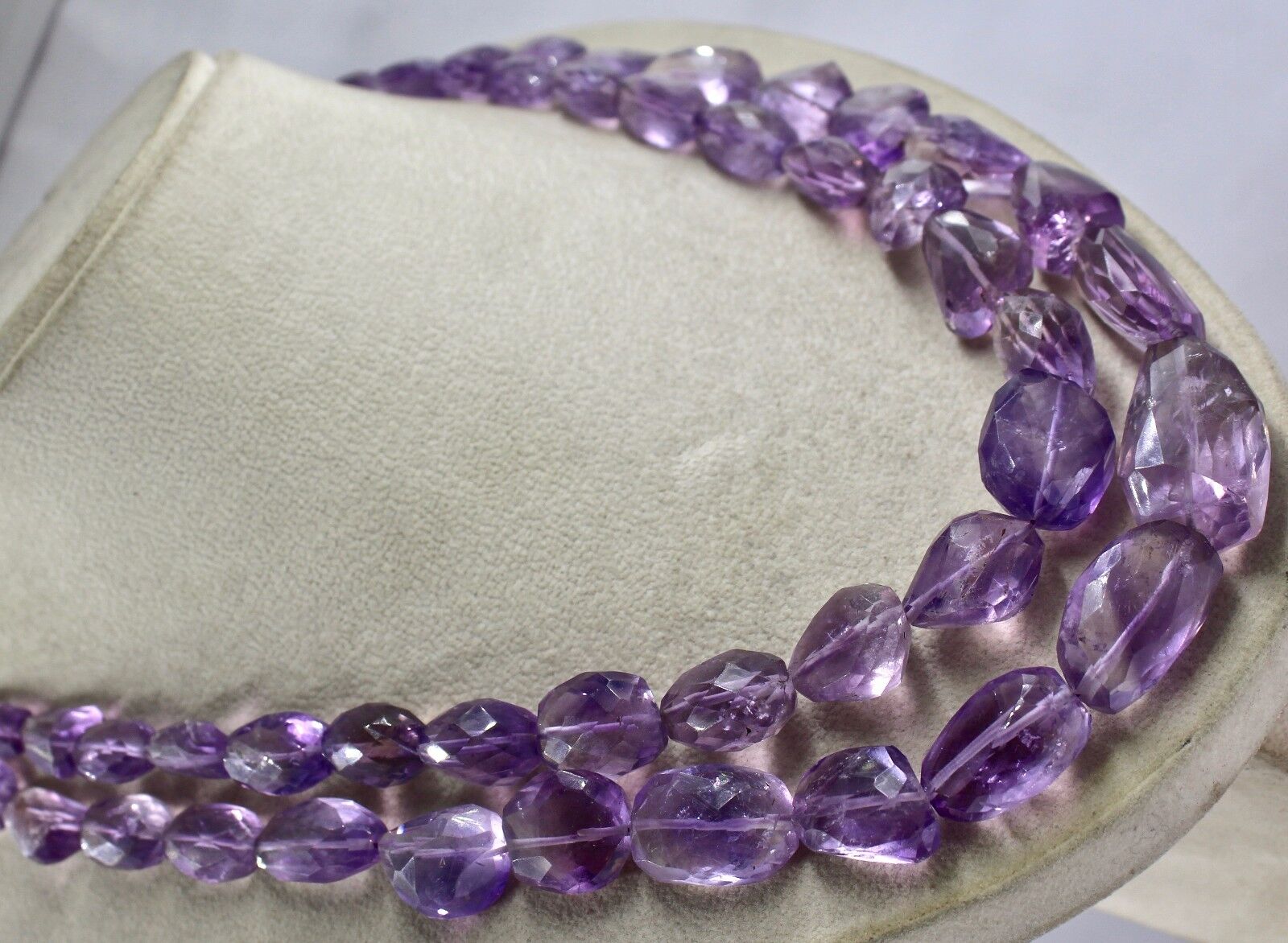NATURAL AMETHYST BEADS FACETED TUMBLE 2 LINE 970 CTS GEMSTONE LADIES NECKLACE