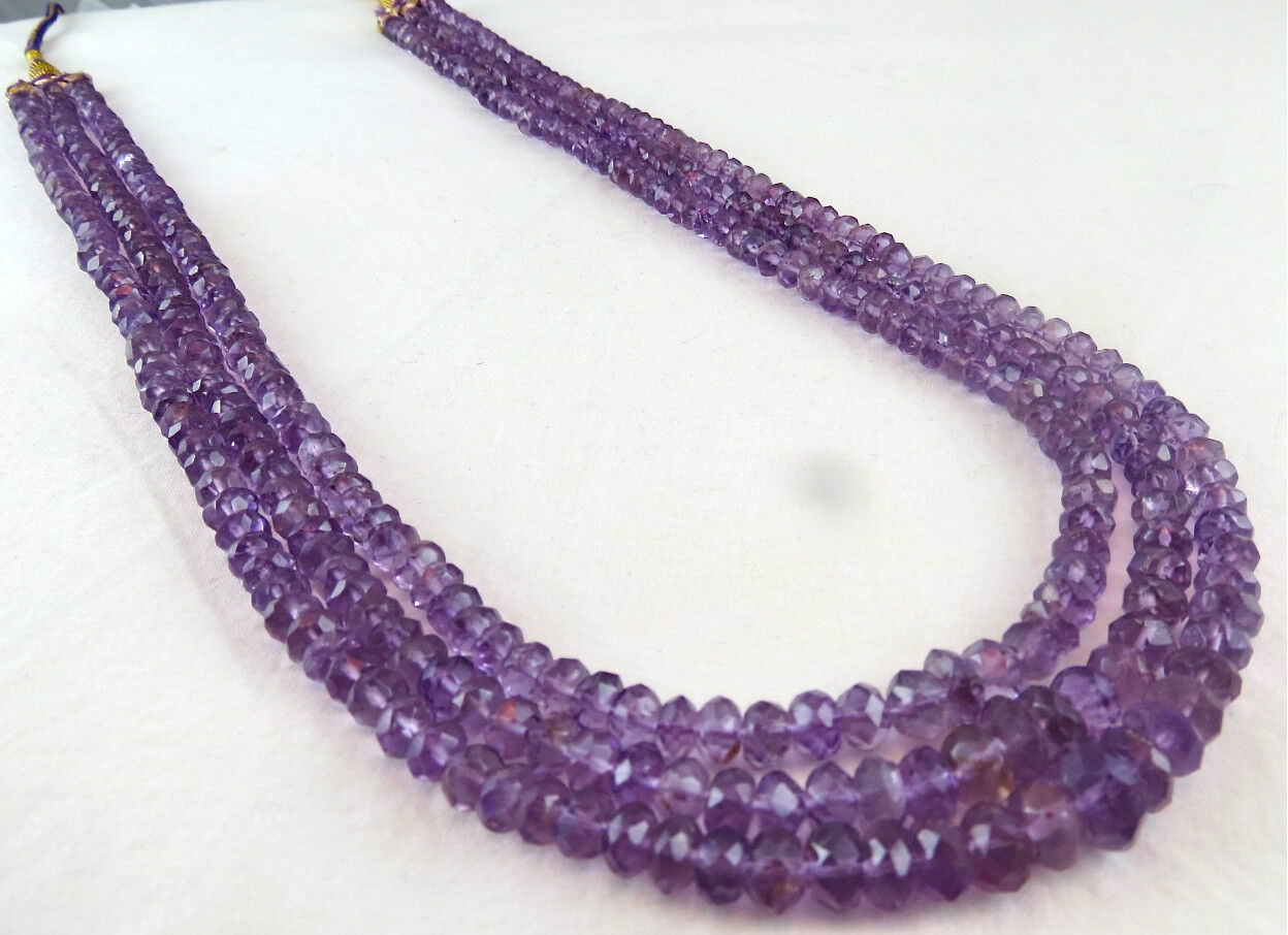 NATURAL AMETHYST BEADS FACETED ROUND 3 LINE 375 CARATS GEMSTONE FASHION NECKLACE