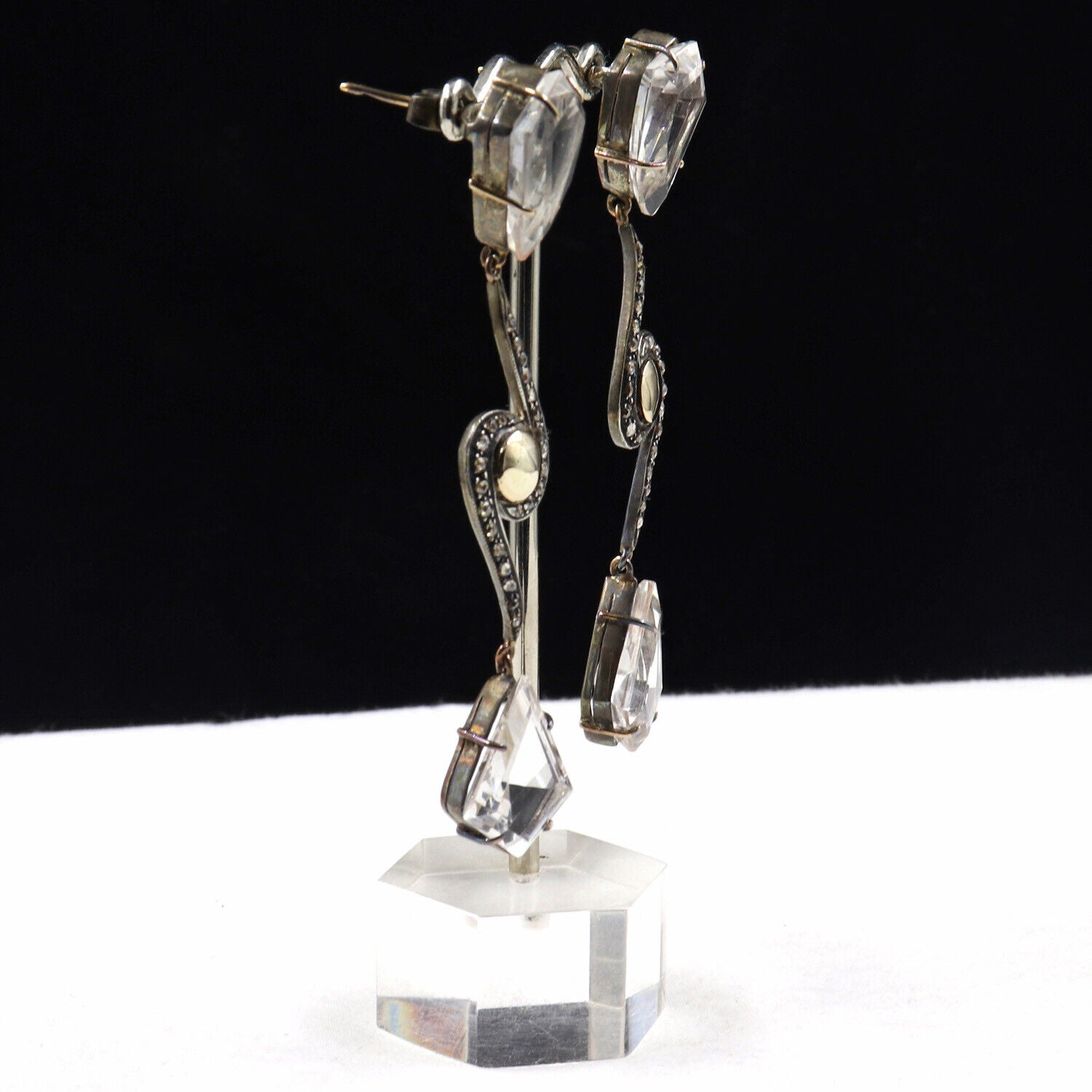 NATURAL ROCK CRYSTAL QUARTZ CARVED DIAMOND 18K GOLD 925 SILVER VICTORIAN EARRING