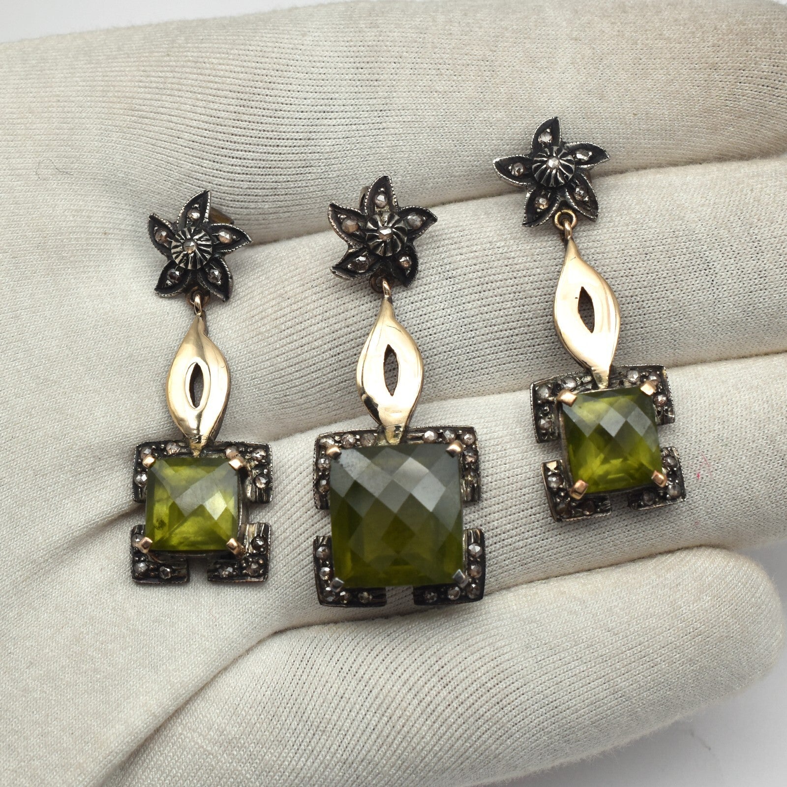 Certified Natural Green Vesuvianite Diamond 10ct Sterling Silver 18k Gold Set