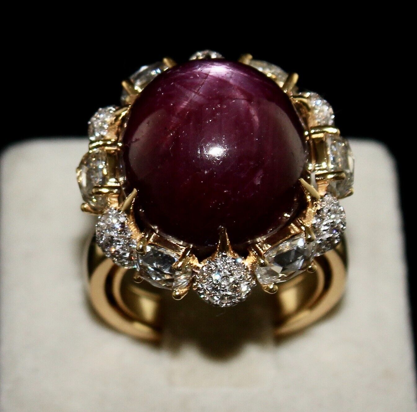 Certified Natural Ruby Star 36.57 Ct Cab Fancy Diamond 18K Gold Cocktail Ring