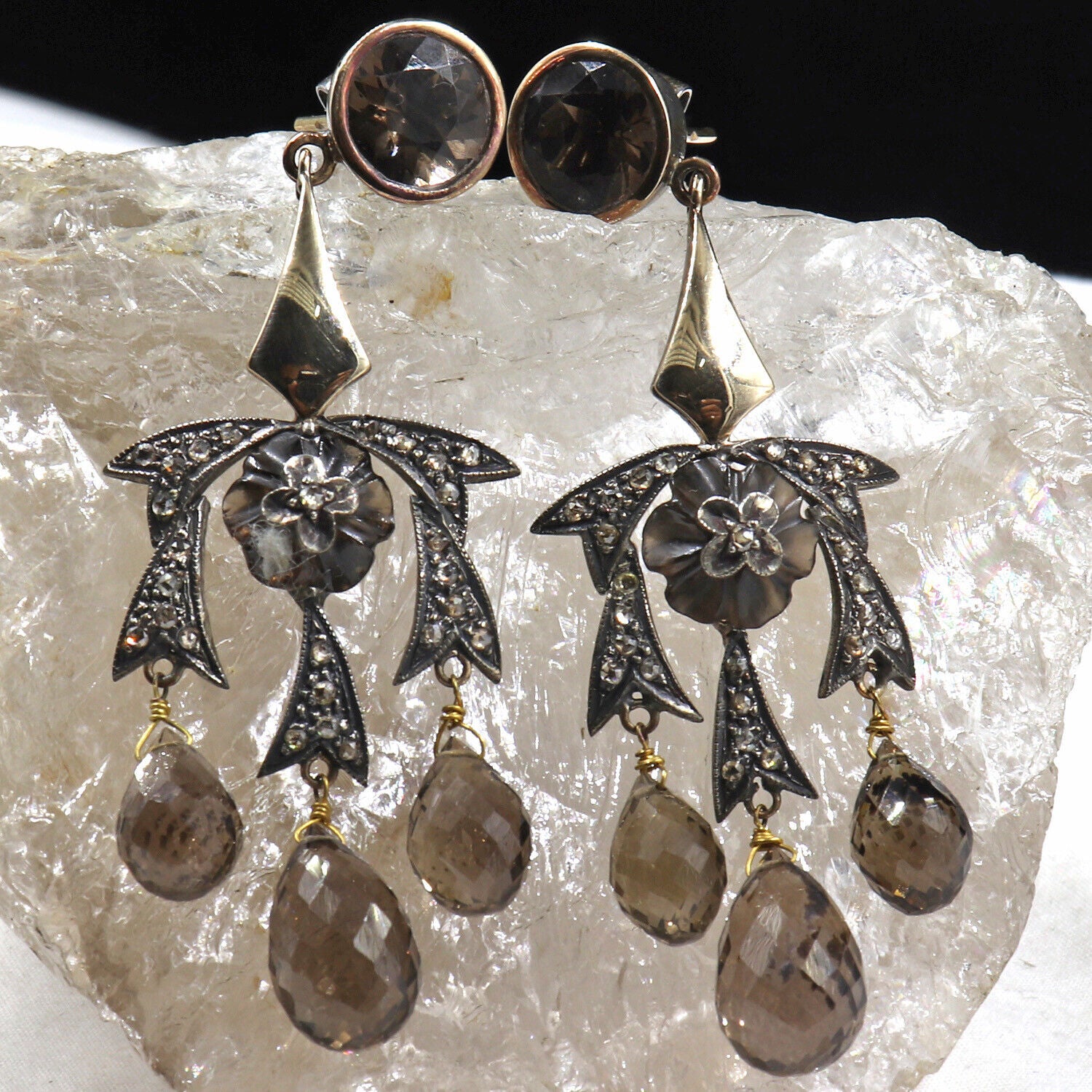 Vintage Natural Smoky Quartz Teardrops Diamond 18K Gold Silver Victorian Earring