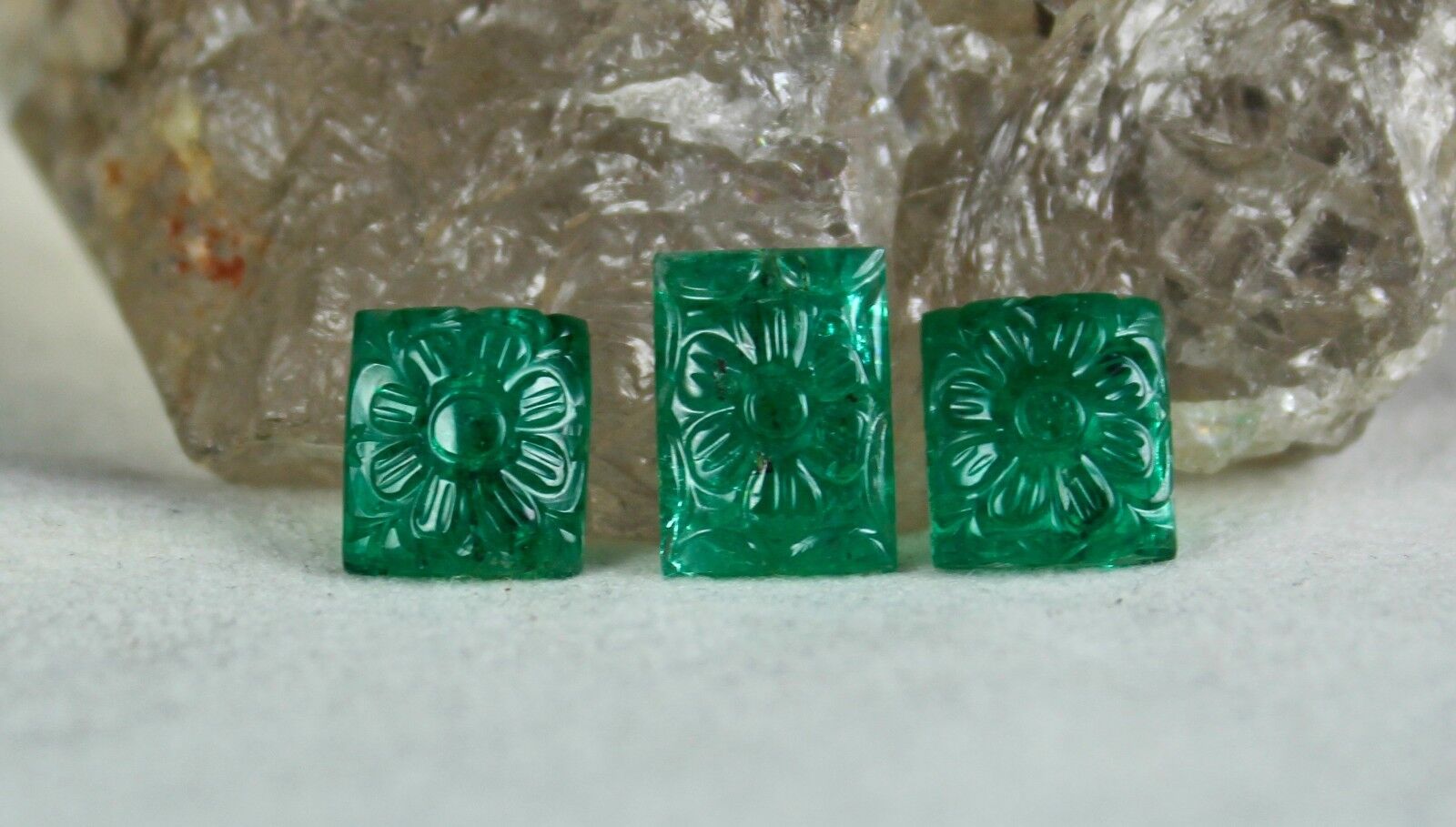 CLASSIC OLD ZAMBIAN EMERALD CARVED 3 PCS 12.97 CTS GEMSTONE FOR RING EARRING SET