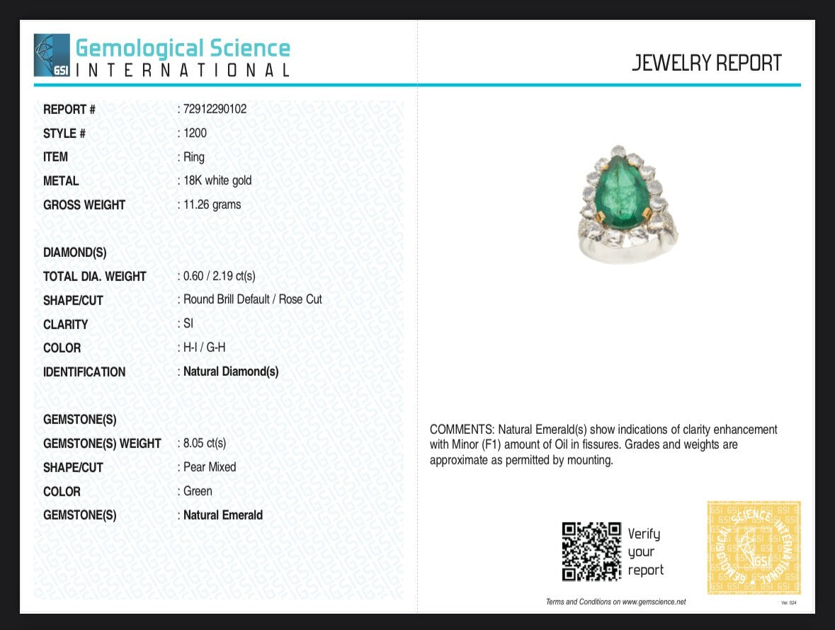 Certified Natural Emerald 57ct Pear Natural Diamond 18k Gold Cocktail Ring
