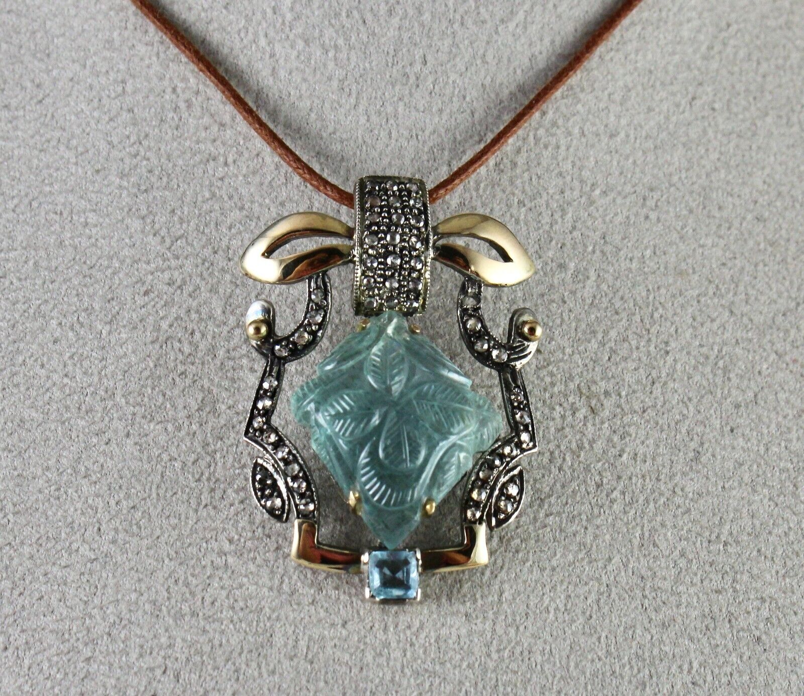Natural Blue Aquamarine Carved Diamond 18K Gold 925 Silver Victorian Pendant
