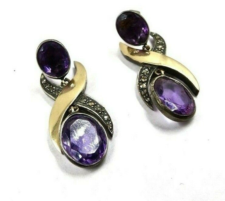 Natural Amethyst Cut Diamond 18K Gold 925 Silver Gemstone Fine Victorian Earring