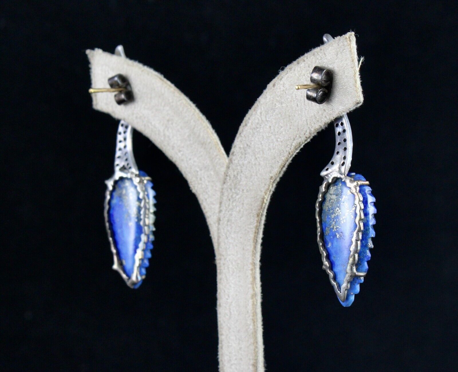 NATURAL LAPIS LAZULI LEAF DIAMOND SILVER 18K GOLD VICTORIAN PENDANT EARRING SET