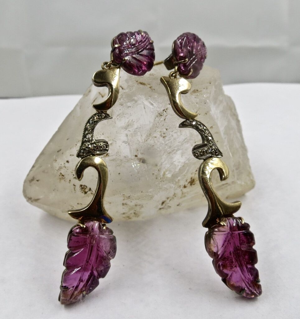 Estate Pink Tourmaline Carved Diamond 18K Gold Silver Victorian Dangle Earring