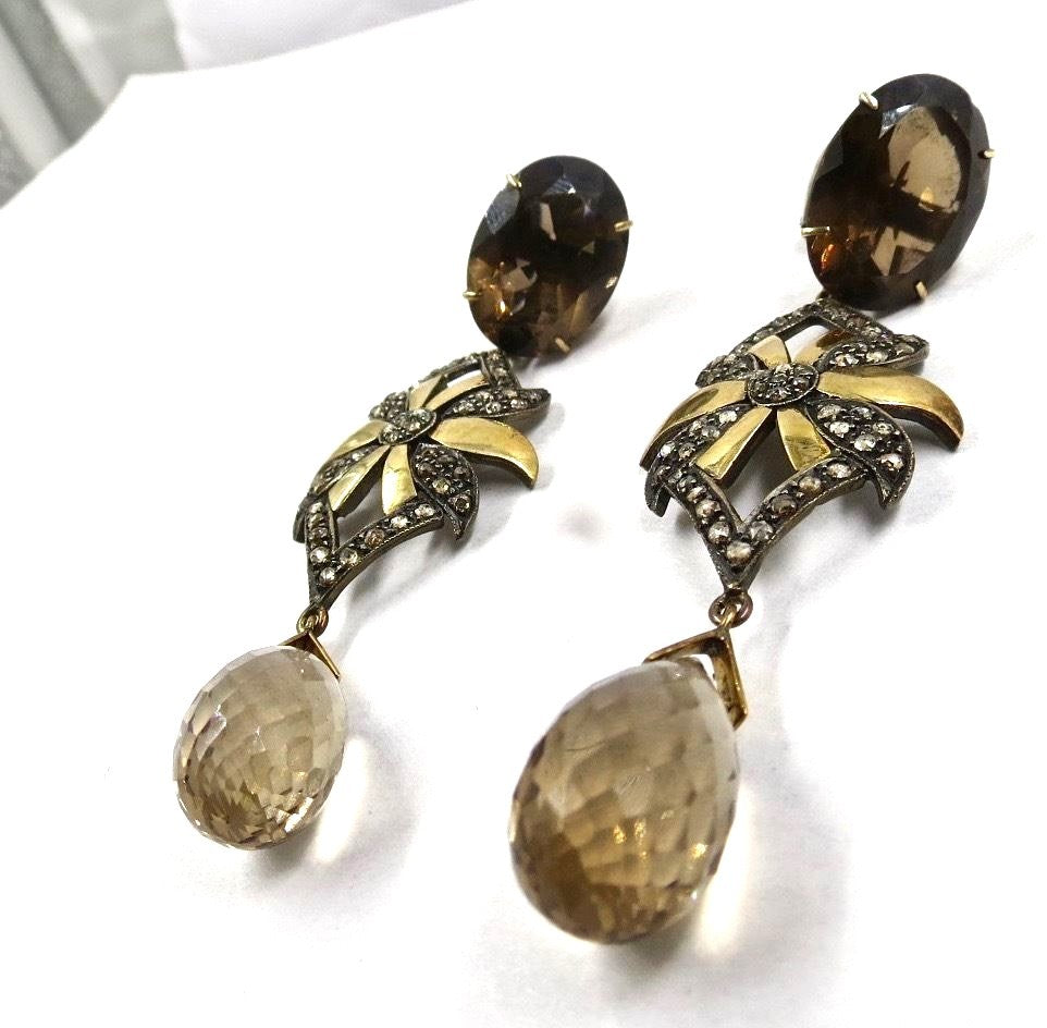 Certified Natural Smoky Quartz 10.00ct Diamond Sterling Silver Earring Victorian