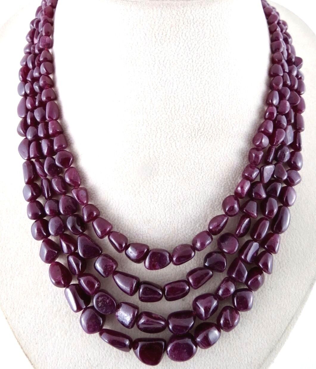 NATURAL NO HEAT RUBY BEADS LONG 4 LINE 803 CARATS GEMSTONE LADIES NECKLACE