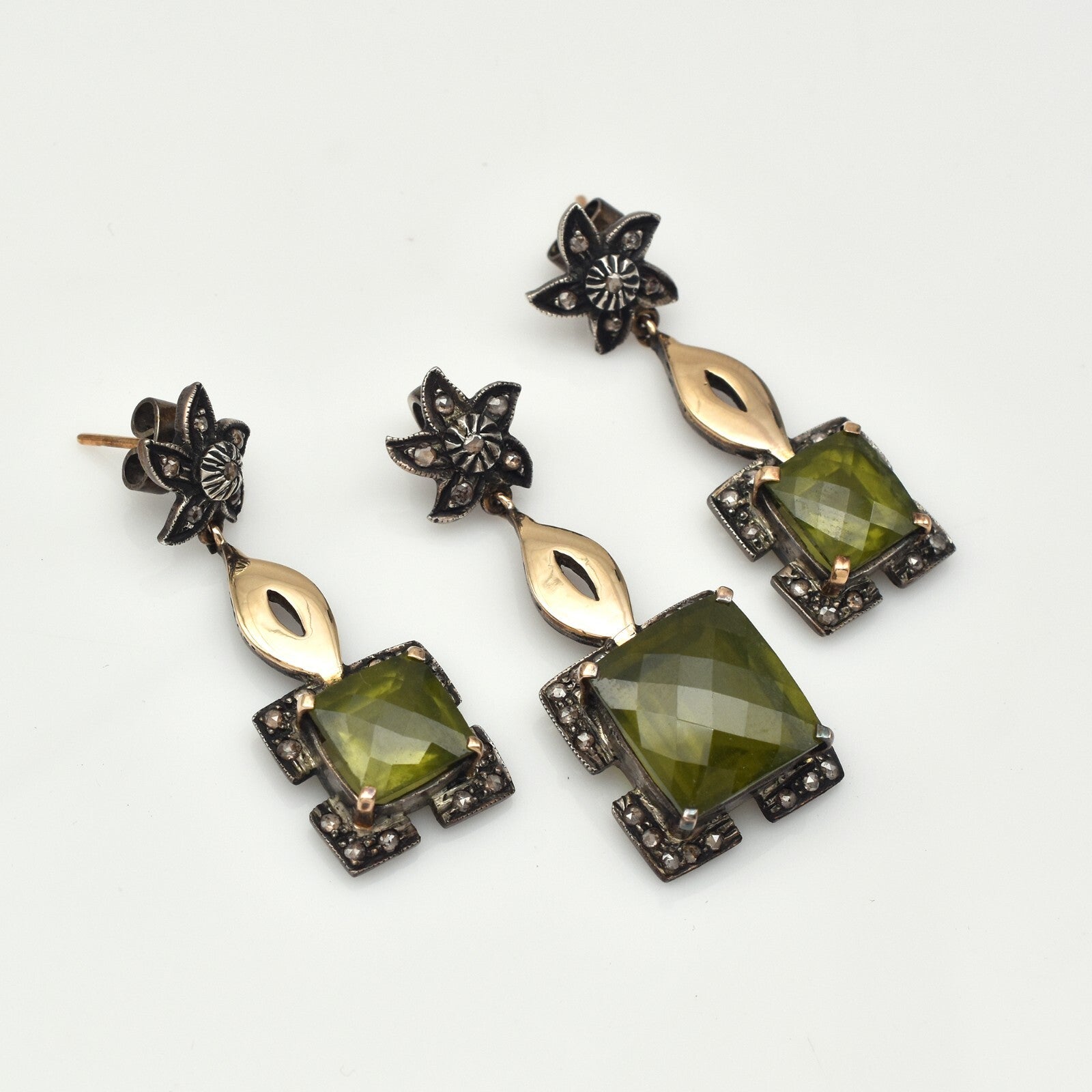Certified Natural Green Vesuvianite Diamond 10ct Sterling Silver 18k Gold Set