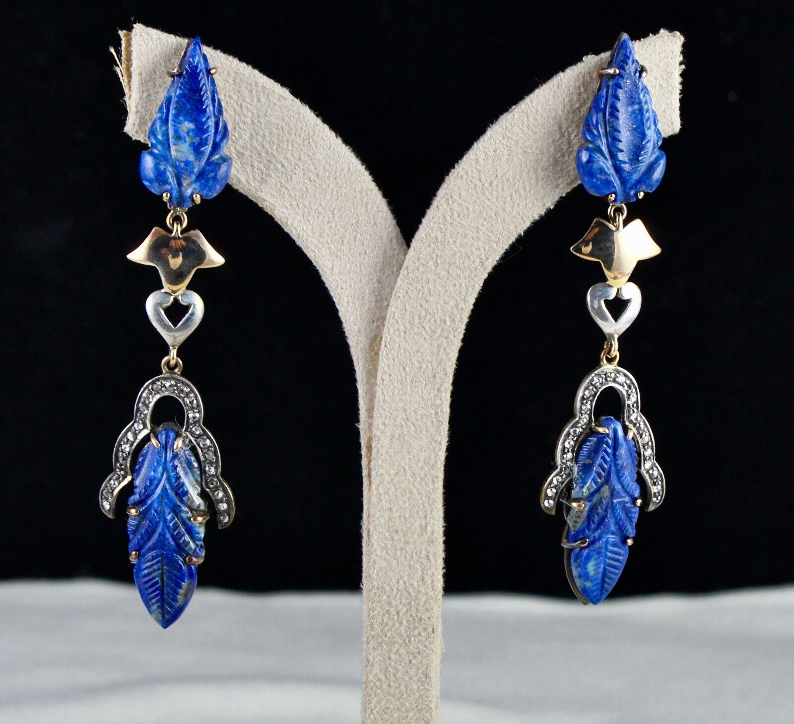 Natural Lapis Lazuli Engraved Leaf Diamond 18K Gold 925 Silver Victorian Earring