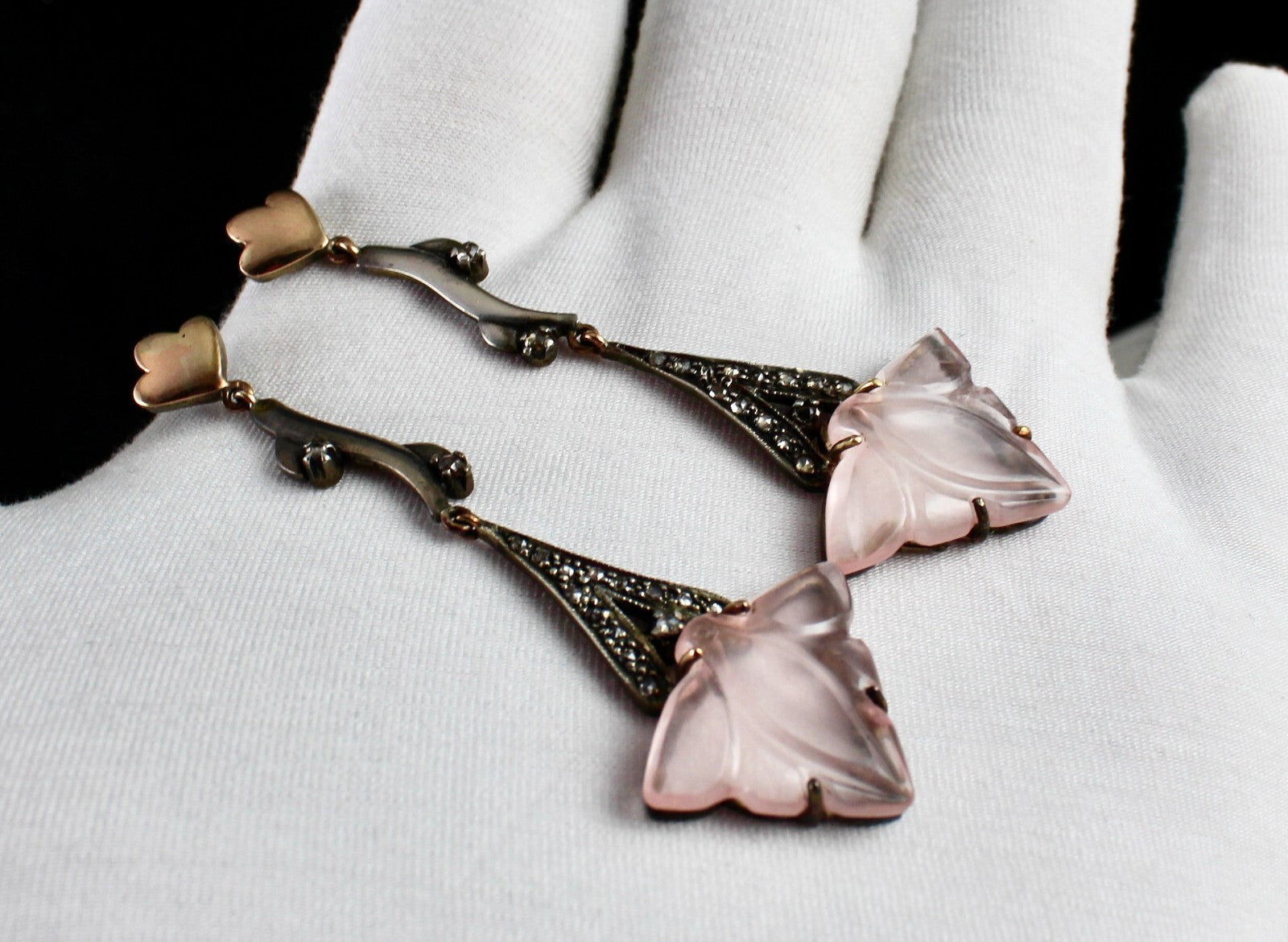 Natural Rose Quartz 54.1ct Carved Leaf Diamond 18k Gold 925 Silver Earrings