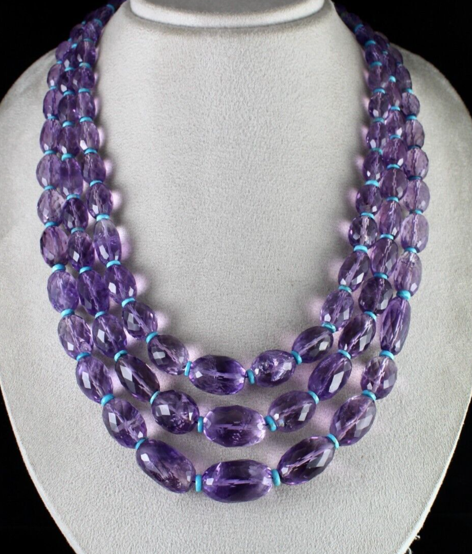 Certified Natural Amethyst Faceted Nugget Necklace Turquoise Beads 1448 Ct Gems