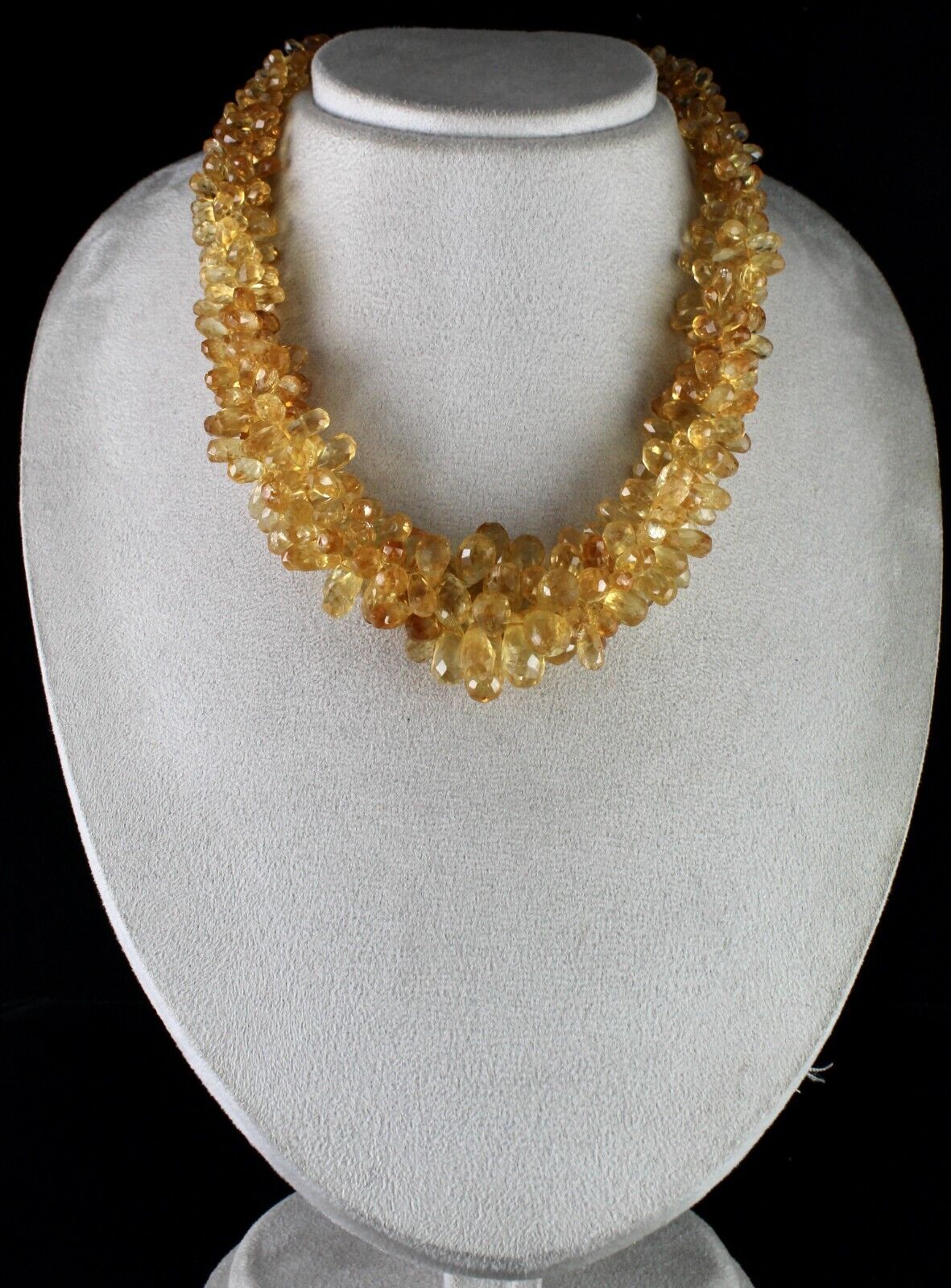 NATURAL CITRINE BEADS FACETED TEAR DROPS 3 LINE 827 CT GEMSTONE FASHION NECKLACE