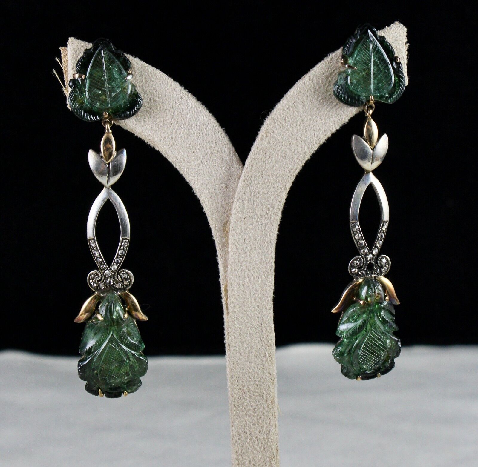 Natural Green Tourmaline Stone Diamond 18k Gold Silver Dangle Victorian Earring