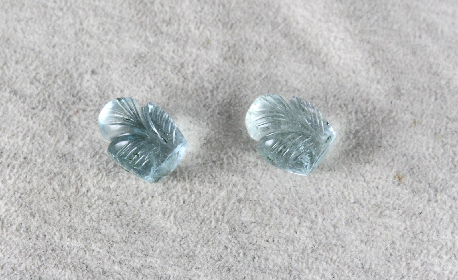 Natural Blue Aquamarine 13.88ct Carved Leaves Gemstone Earring Pair