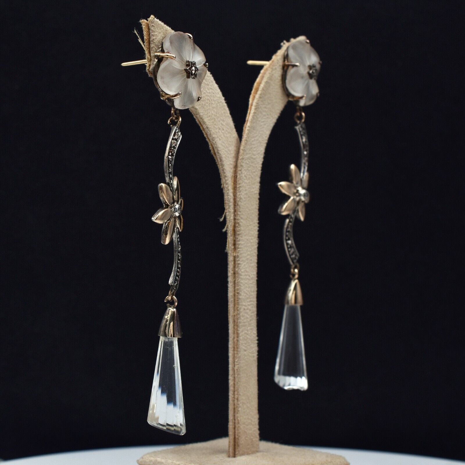 Natural Rock Crystal Quartz Carved Diamond 18K Gold & Silver Victorian Earring