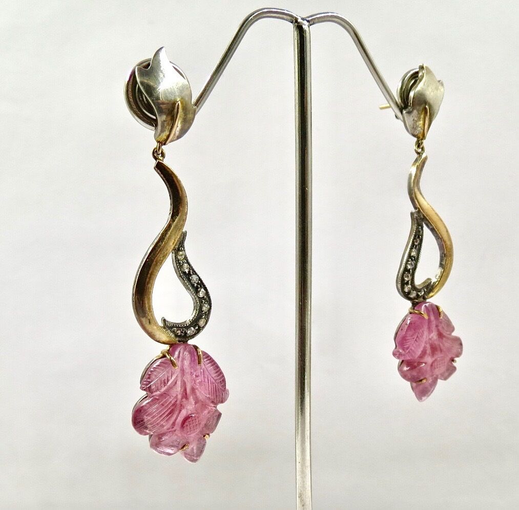 NATURAL PINK TOURMALINE CARVED DIAMOND 18K GOLD 925 SILVER VICTORIAN EARRING