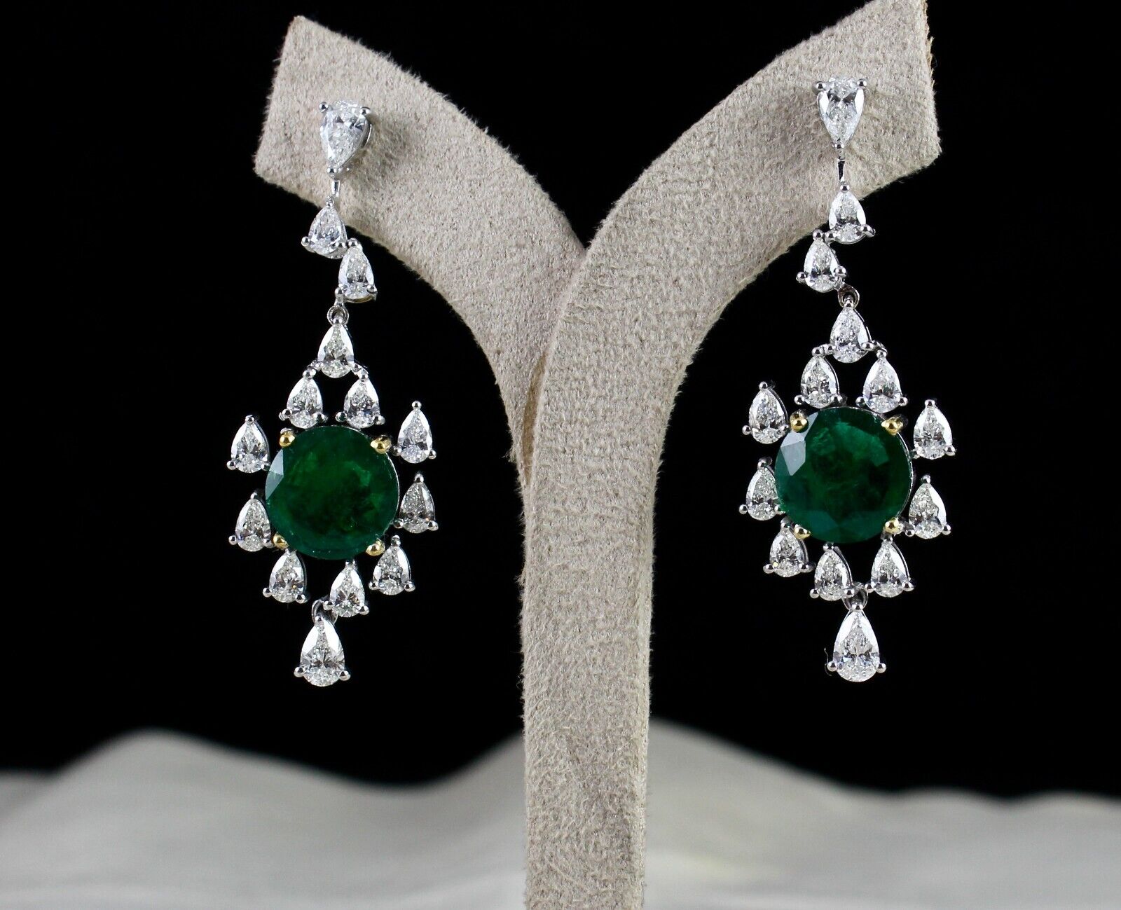 Natural Zambian Emerald Pair White Diamond Cut 18k Gold Dangle Important Earring