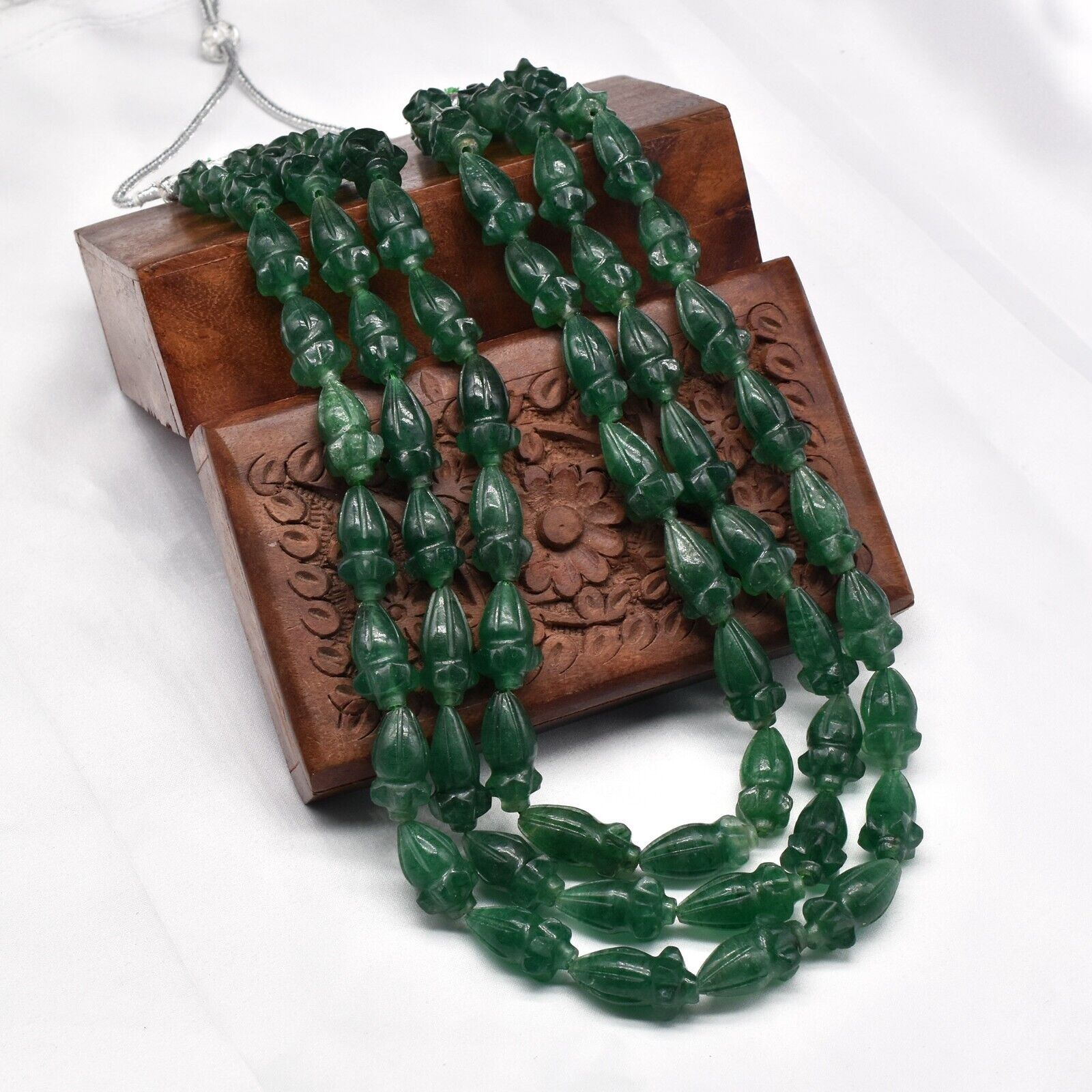 Natural Green Quartz Engraved Beaded Necklace 3 Line 1059 Ct Old Carved Gemstone