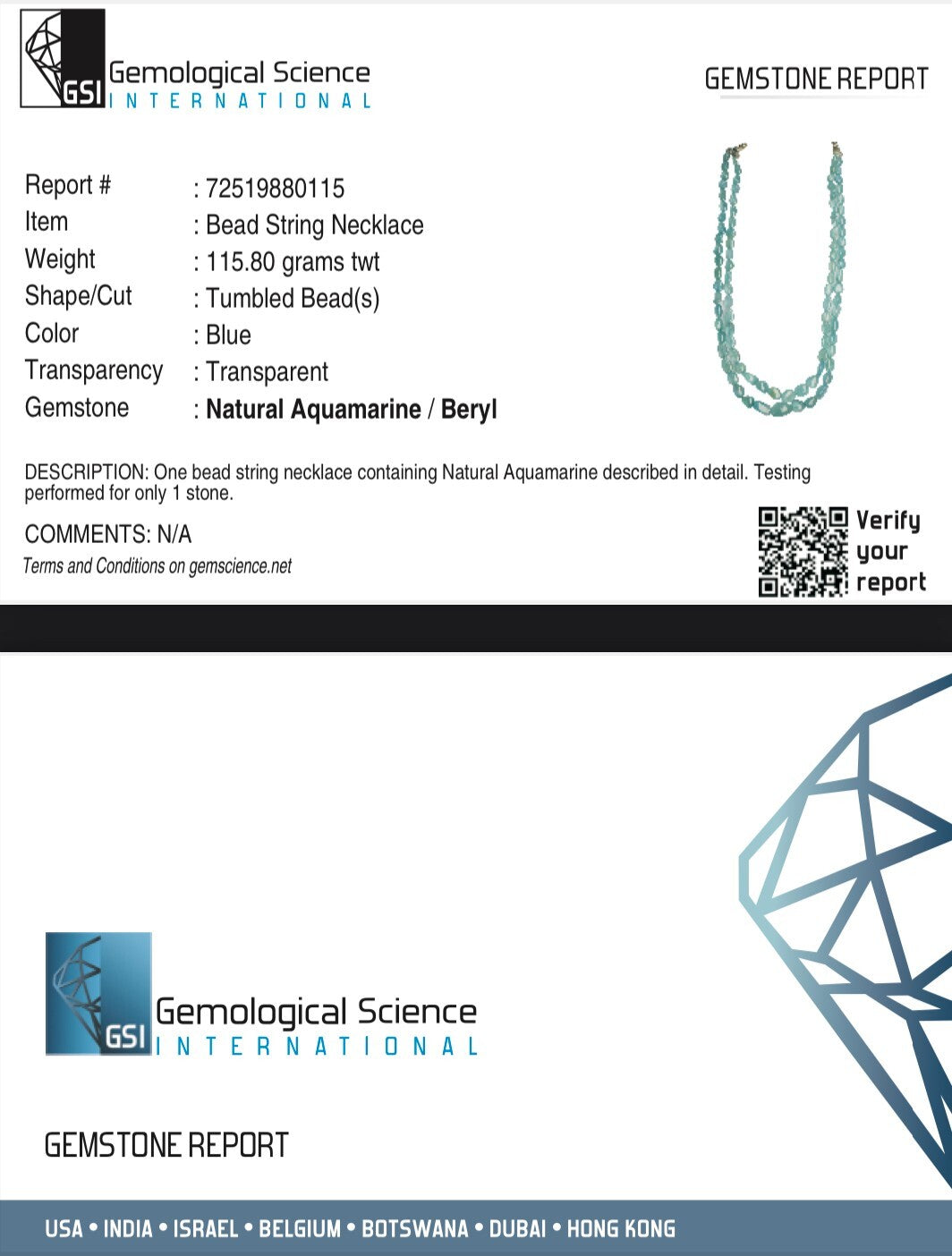 Certified Natural Blue Aquamarine 559 Ct Bead Necklace Tumble Gemstone String 2l