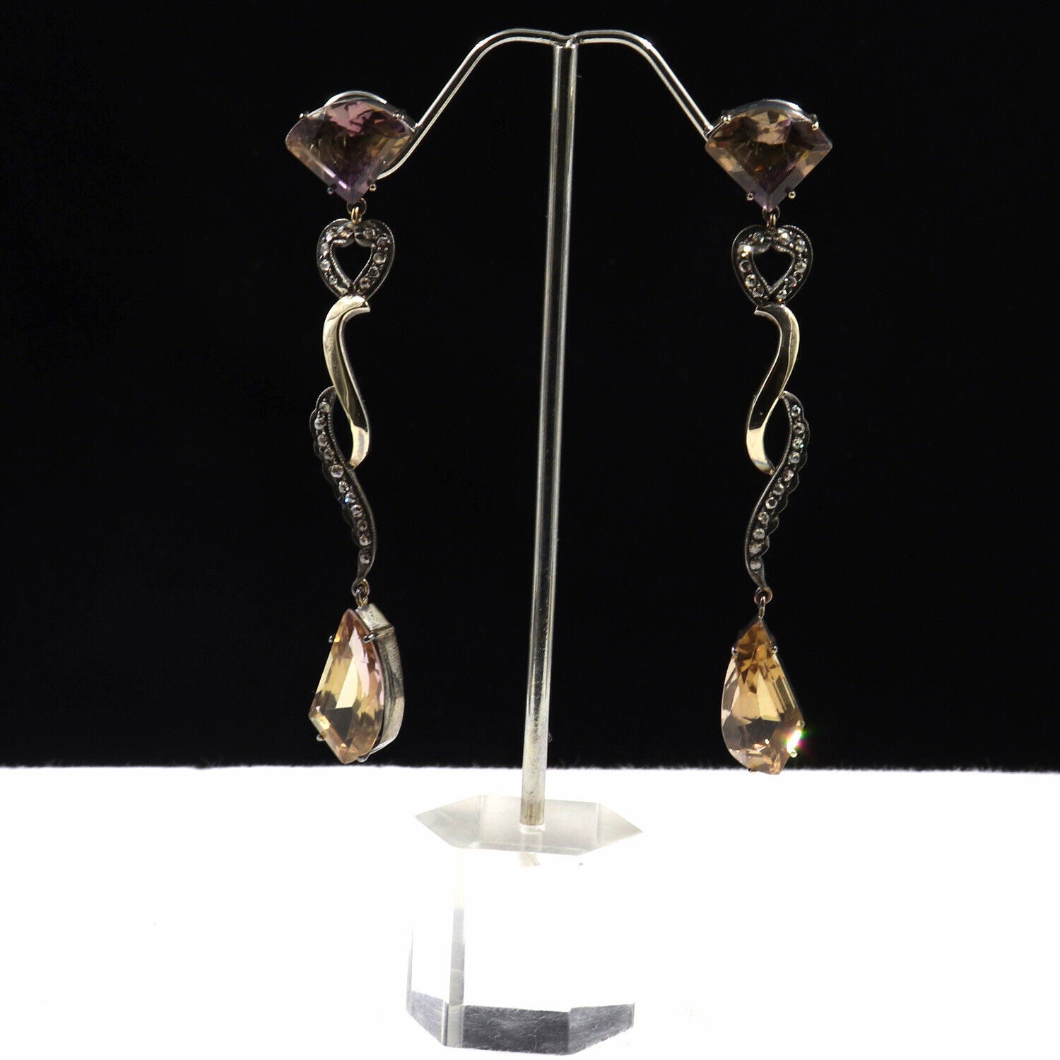 Natural Ametrine Multi Cut 18K Gold Diamond & 925 Silver Victorian Earring