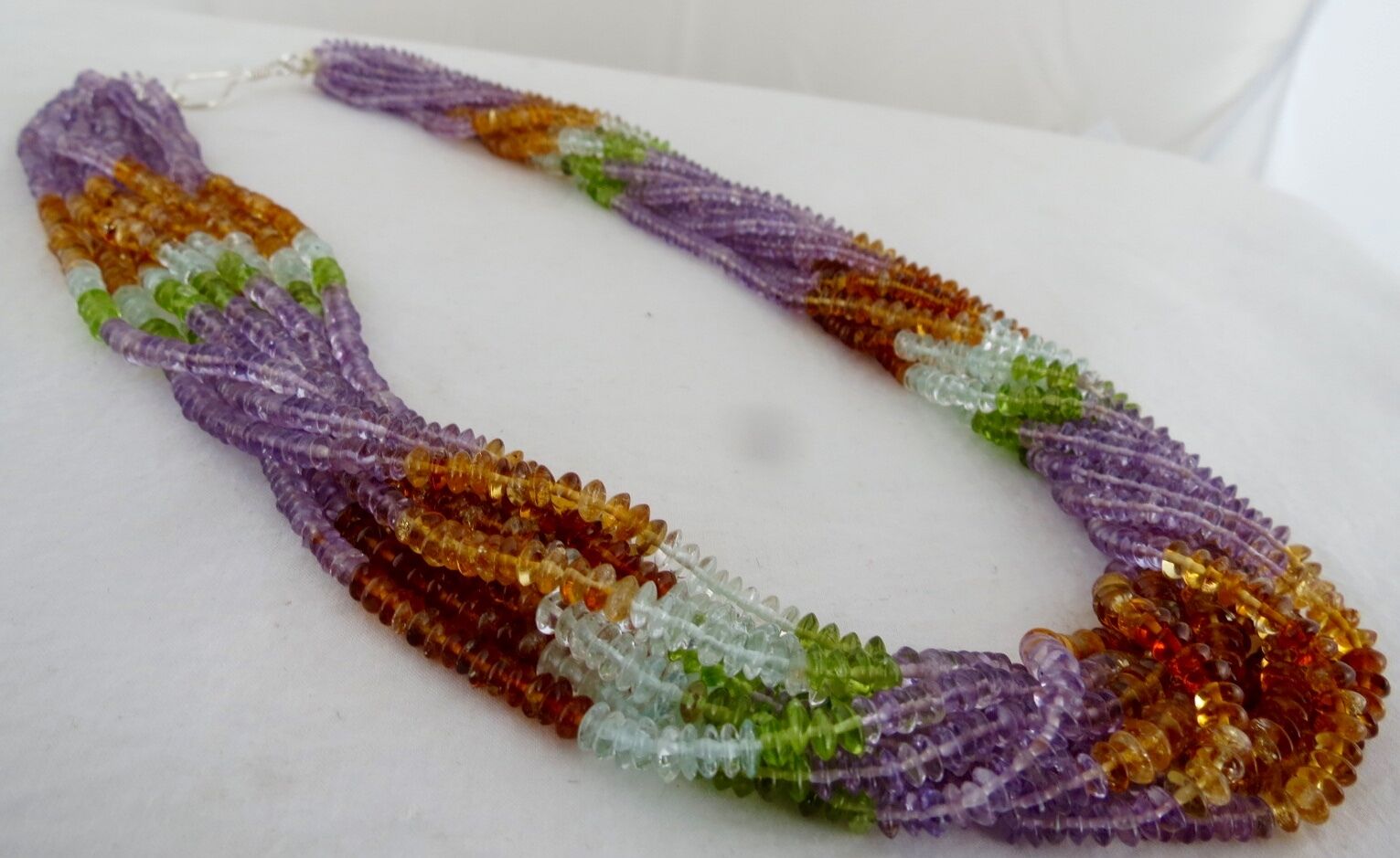 PERIDOT CITRINE AMETHYST BLUE TOPAZ AQUA 10 LINE 860 CTS ROUND BEADS NECKLACE