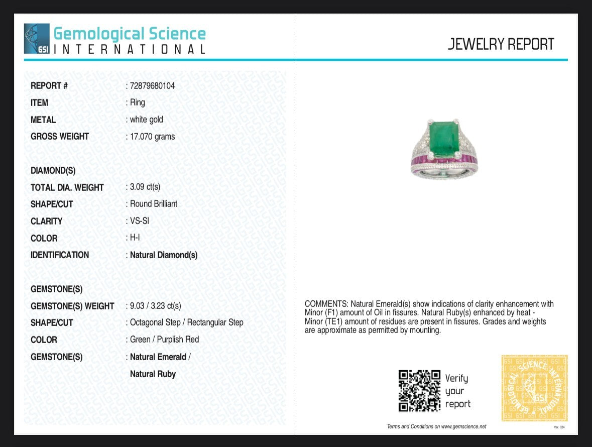 Certified Emerald Ruby Cut Natural Diamond 10ct 18k Gold Cocktail Ring