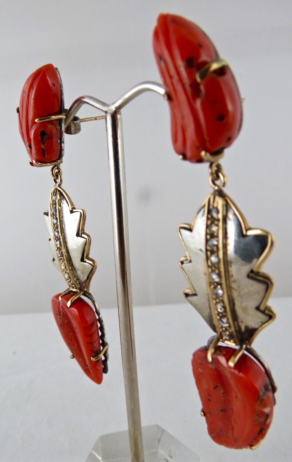 NATURAL CORAL CARVED 19.50 CARATS LEAVES DIAMOND 925 SILVER 18K GOLD EARRING