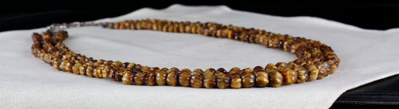 NATURAL TIGER EYE BEADS CARVED 3 LINE 593 CTS GEMSTONE LADIES ANTIQUE NECKLACE