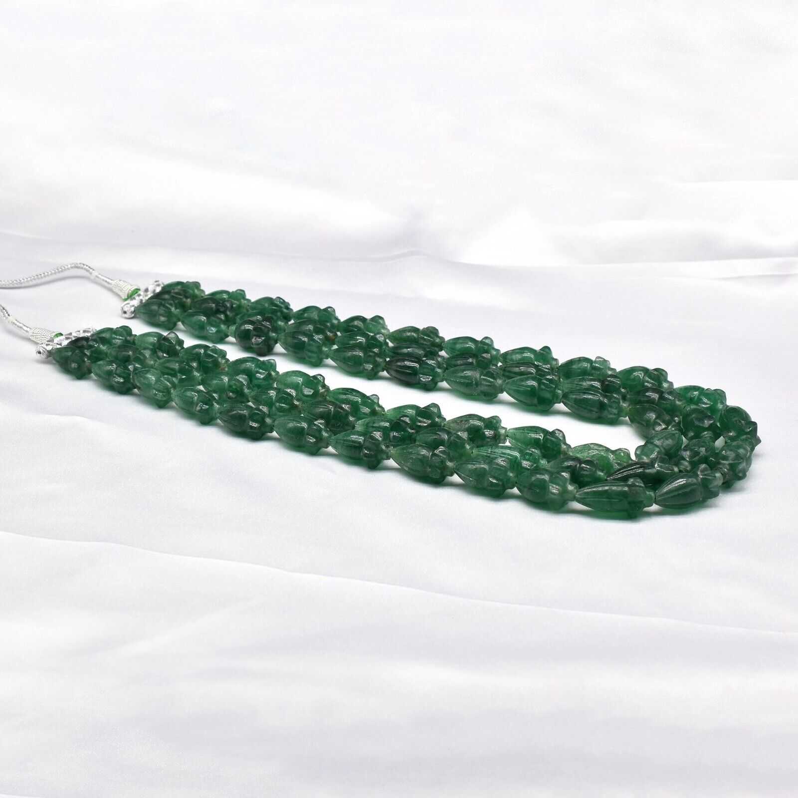 Natural Green Quartz Engraved Beaded Necklace 3 Line 1059 Ct Old Carved Gemstone