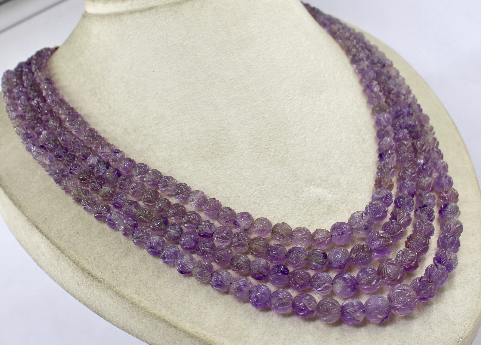 Certified Natural Amethyst 703 Ct Beads Carved Round Necklace For Ladies