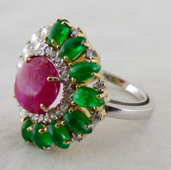 Natural Burma Ruby Zambia Emerald Cabochon White Diamond 18K Gold Statement Ring