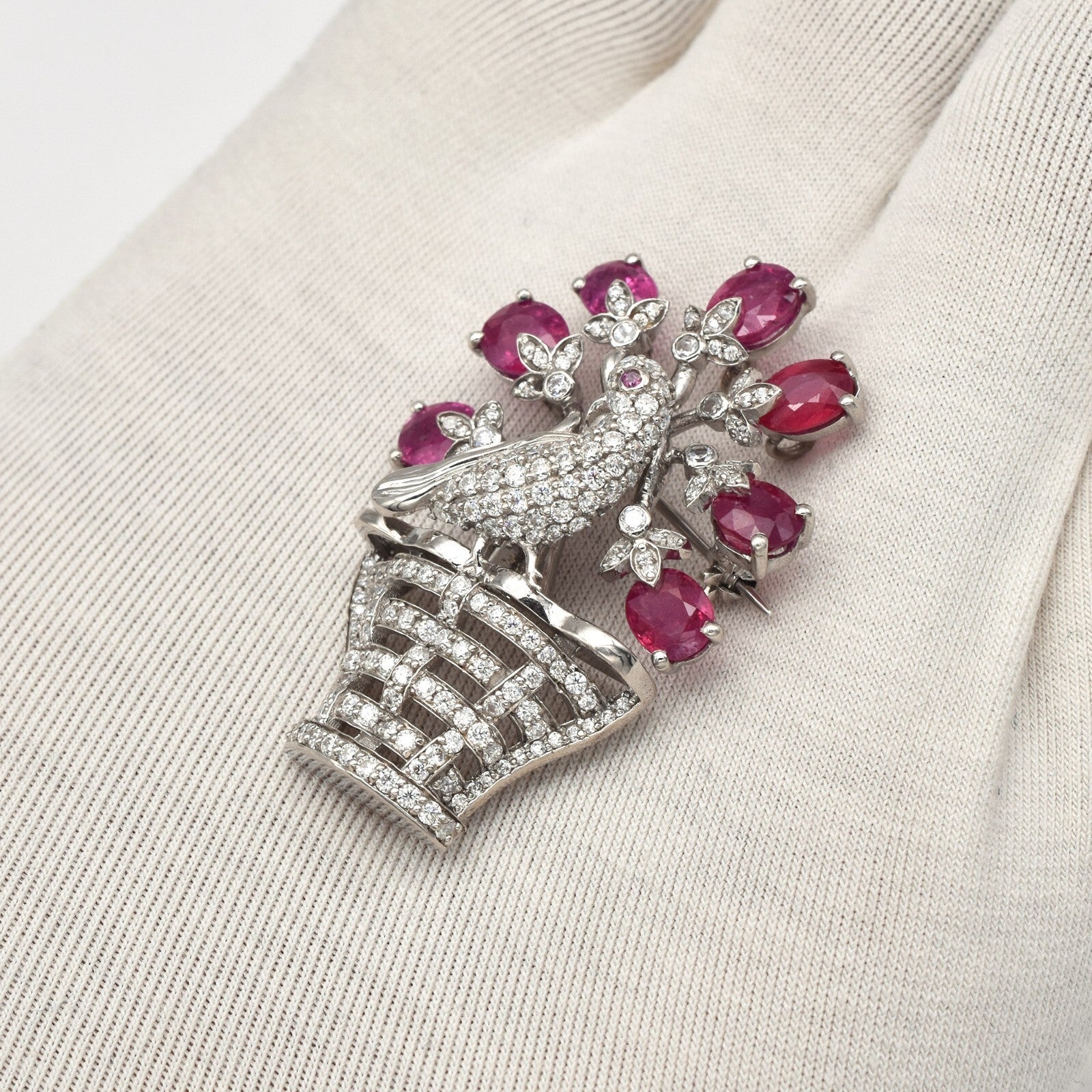 Certified Sterling Silver Peacock Ruby 10ct Mossianite Pendant Brooch Gift