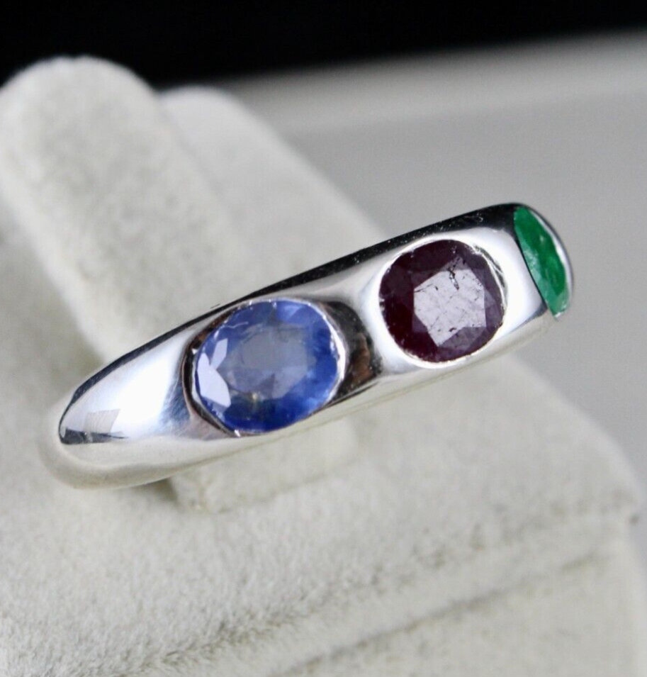 Elegant Natural Ruby 42.5ct Emerald Sapphire Silver Oval Cut Gemstone Ring