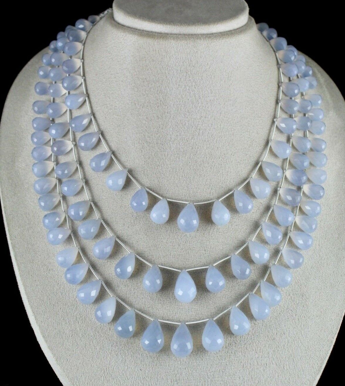 NATURAL BLUE CHALCEDONY BEADS TEARDROPS 3 LINE 814 CARATS GEMSTONE FINE NECKLACE