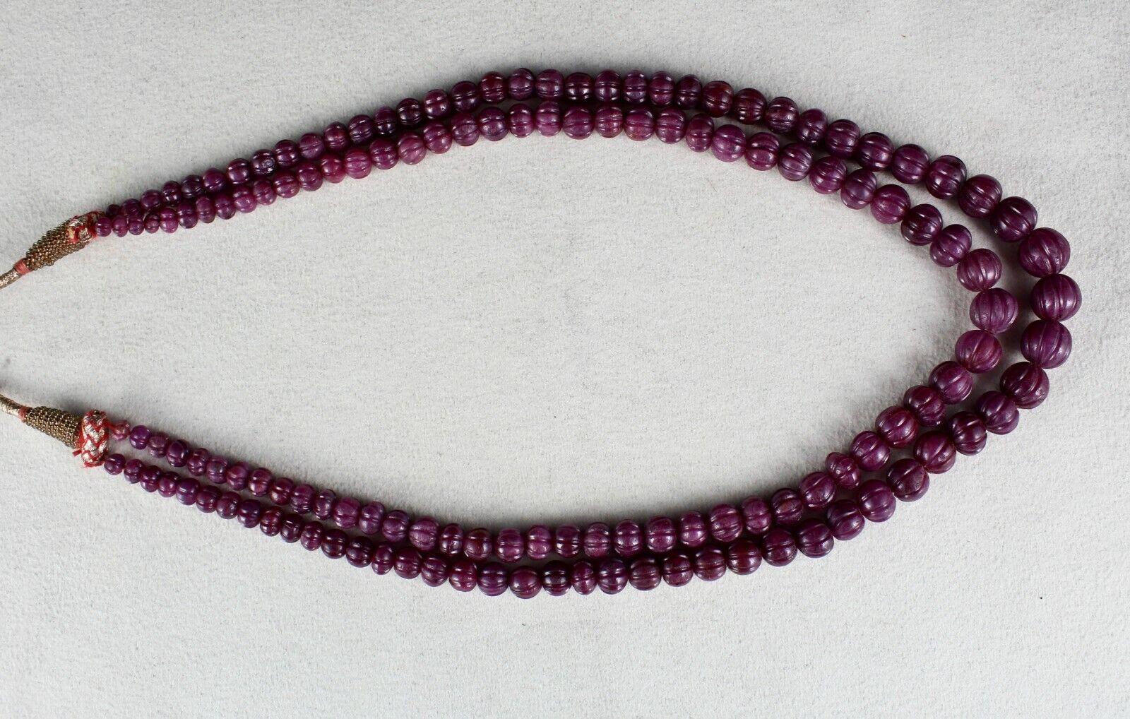 FINE NATURAL RUBY BEADS CARVED MELON 2 LINE 403 CARAT PRECIOUS GEMSTONE NECKLACE