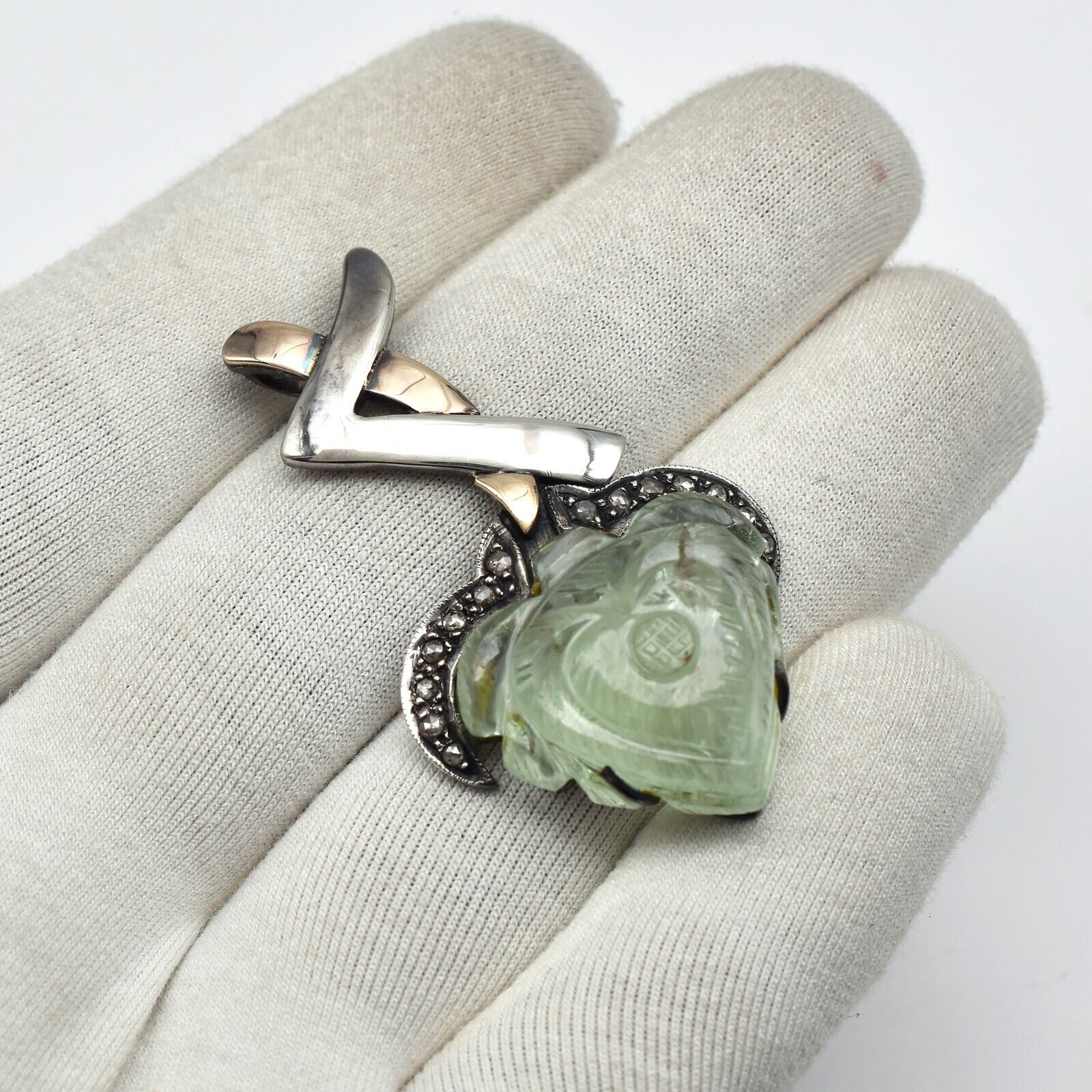 Natural Green Aquamarine Engraved 18K Gold Diamond 925 Silver Victorian Pendant