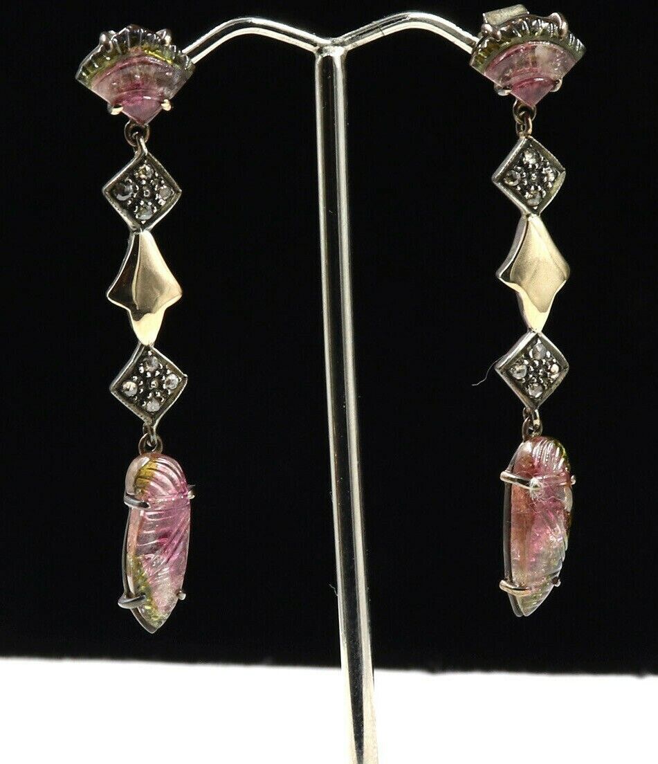 Estate Natural Multi Tourmaline Carved Diamond 18K Gold Silver Victorian Earring