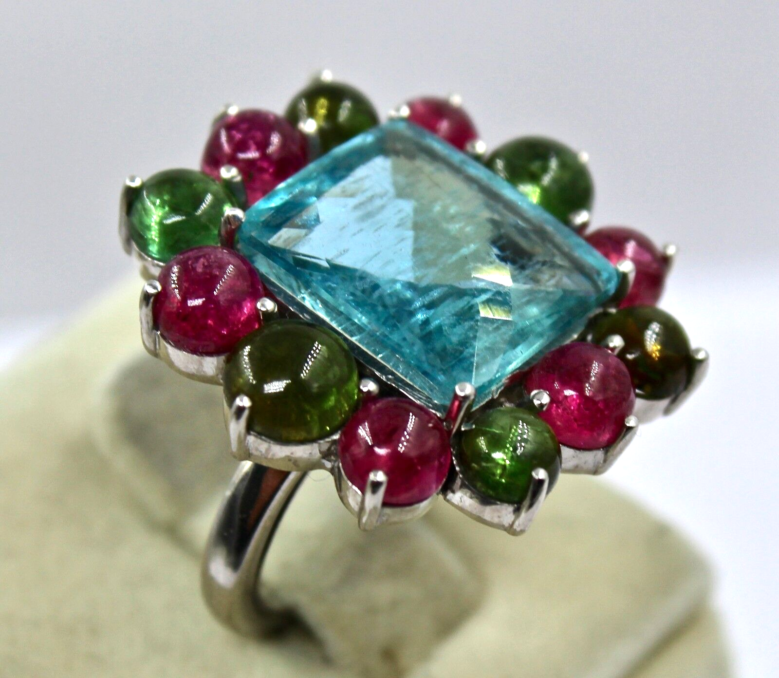 Certified Natural Blue Aquamarine 48ct Square Tourmaline Sterling Silver Ring