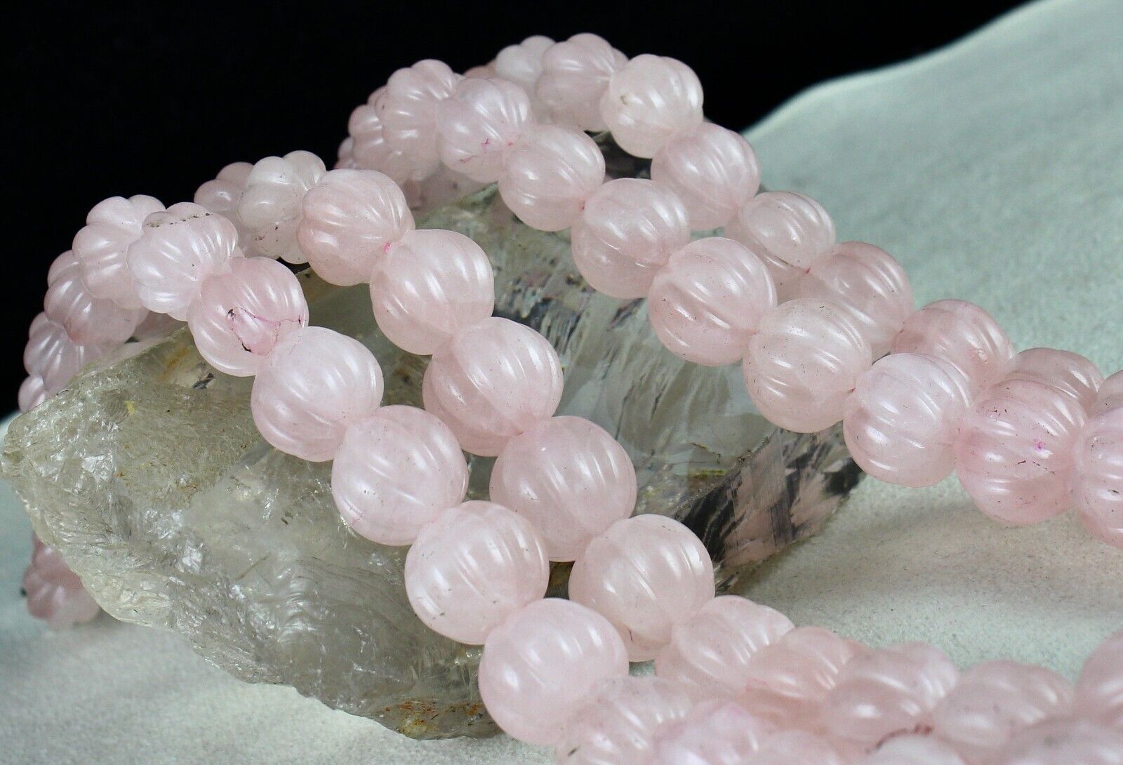 Vintage Natural Rose Quartz Melon Carved Beads 1436 Ct Gemstone Silver Necklace