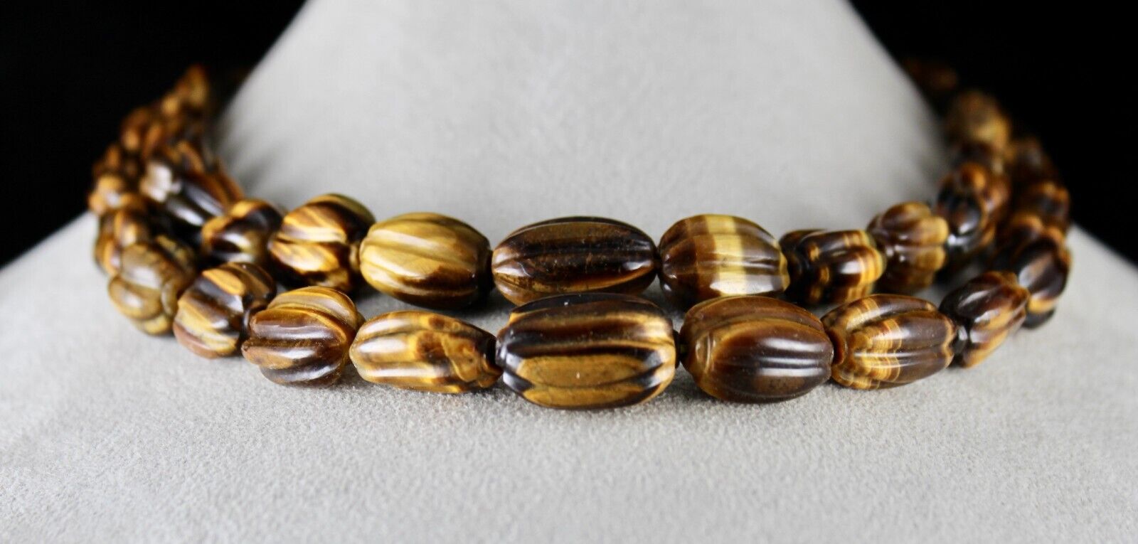 NATURAL TIGER'S EYE BEADS CARVED 2 LINE 785 CTS GEMSTONE LADIES ANTIQUE NECKLACE