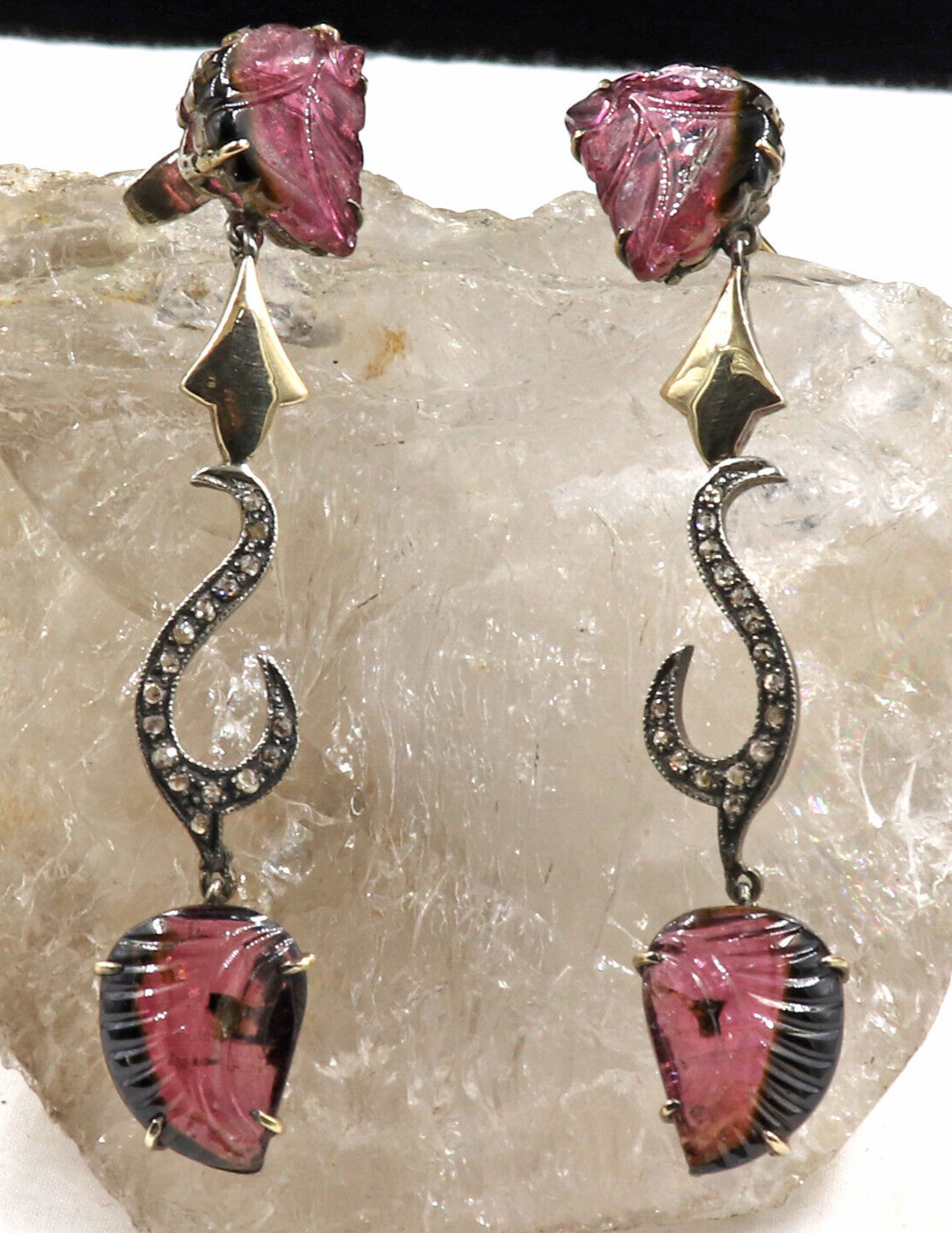 Bi Color Tourmaline 73ct Natural Diamond 18k Gold 925 Silver Victorian Earrings