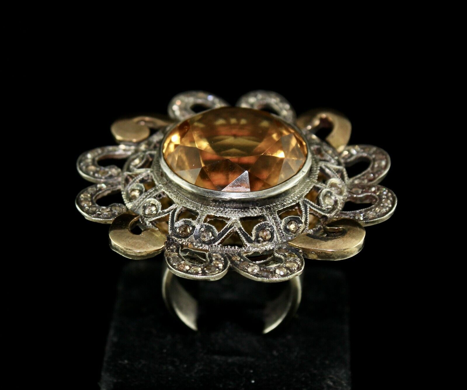 NATURAL YELLOW CITRINE CUT DIAMOND 18K GOLD LADIES RING IN 925 STERLING SILVER