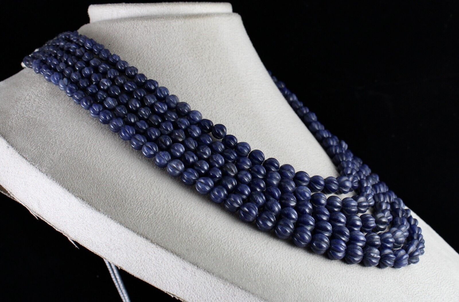 NATURAL BLUE JADE BEADS CARVED ROUND GEMSTONE 5 LINE 977 CTS FASHION NECKLACE