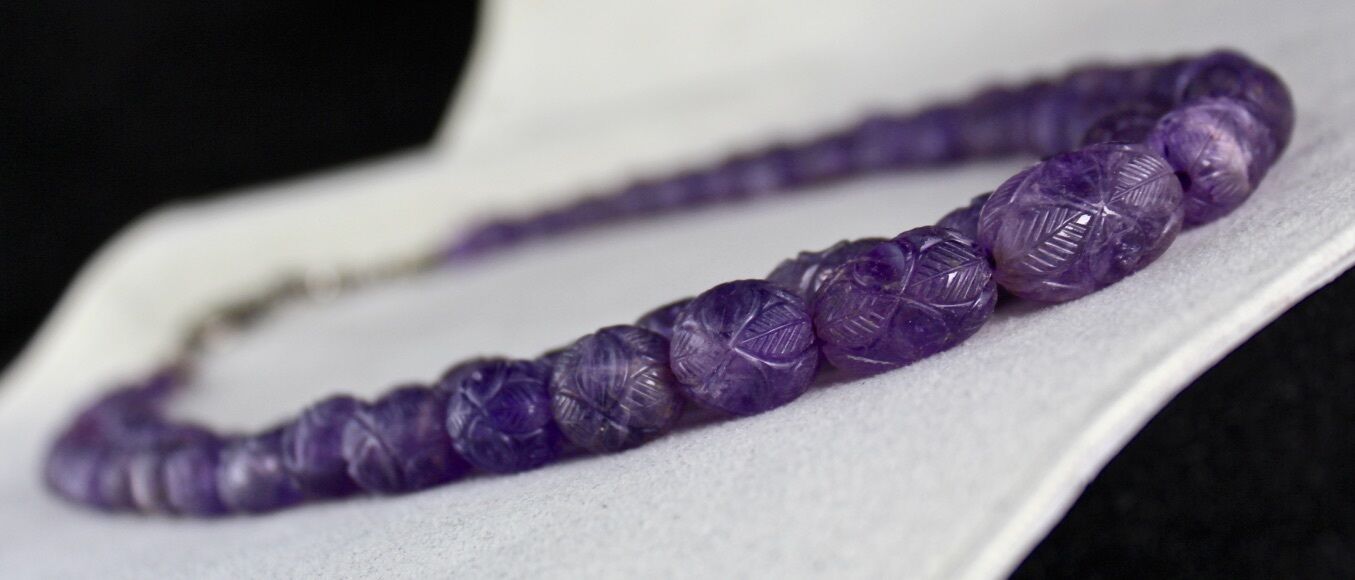 NATURAL AMETHYST CARVED BEADS 2 LINE 608 CTS GEMSTONE NECKLACE WITH SILVER HOOK