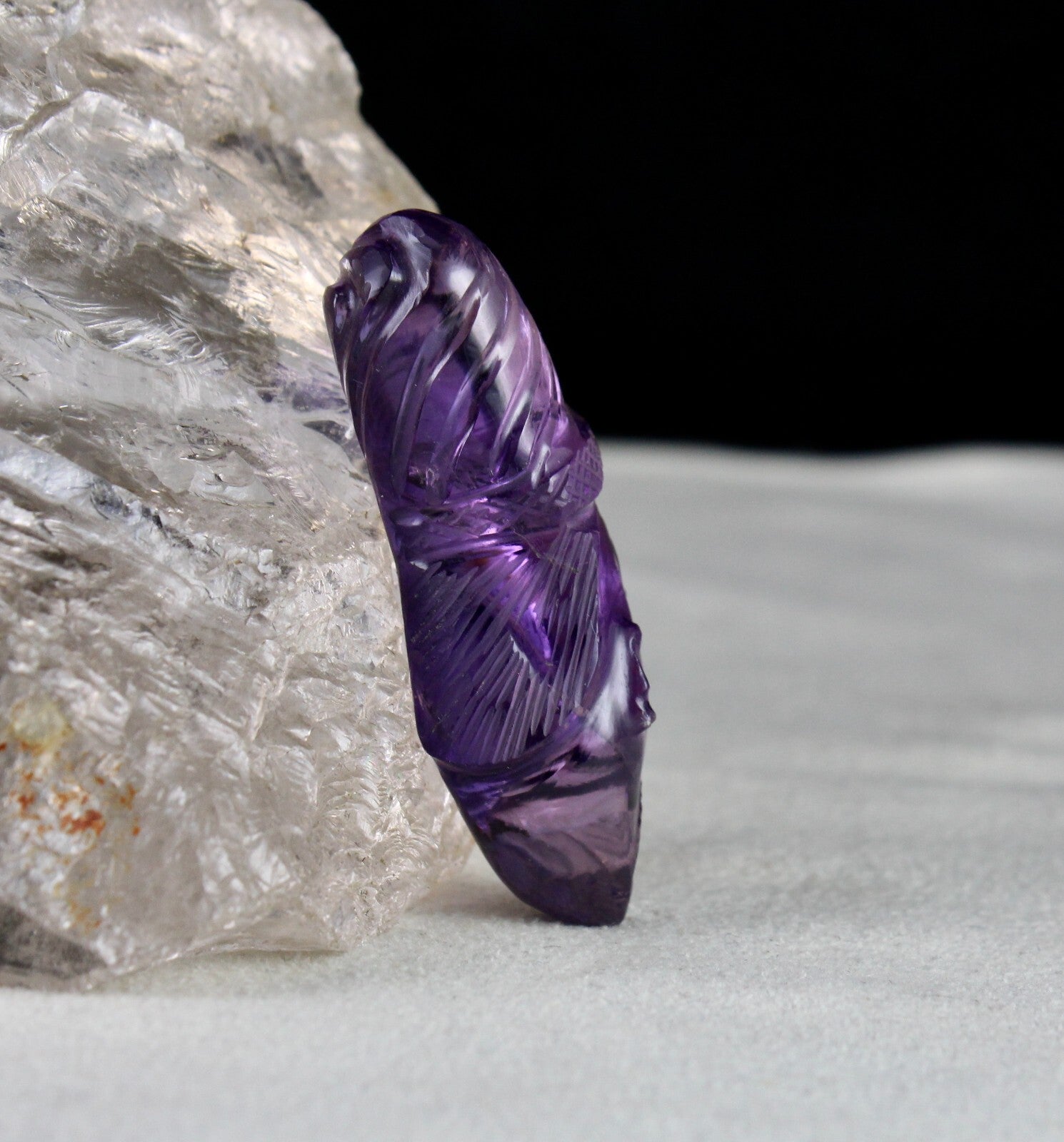 Natural Amethyst Engraved Face Cab 46x18mm 70.03 Ct Gemstone Pendant Designing